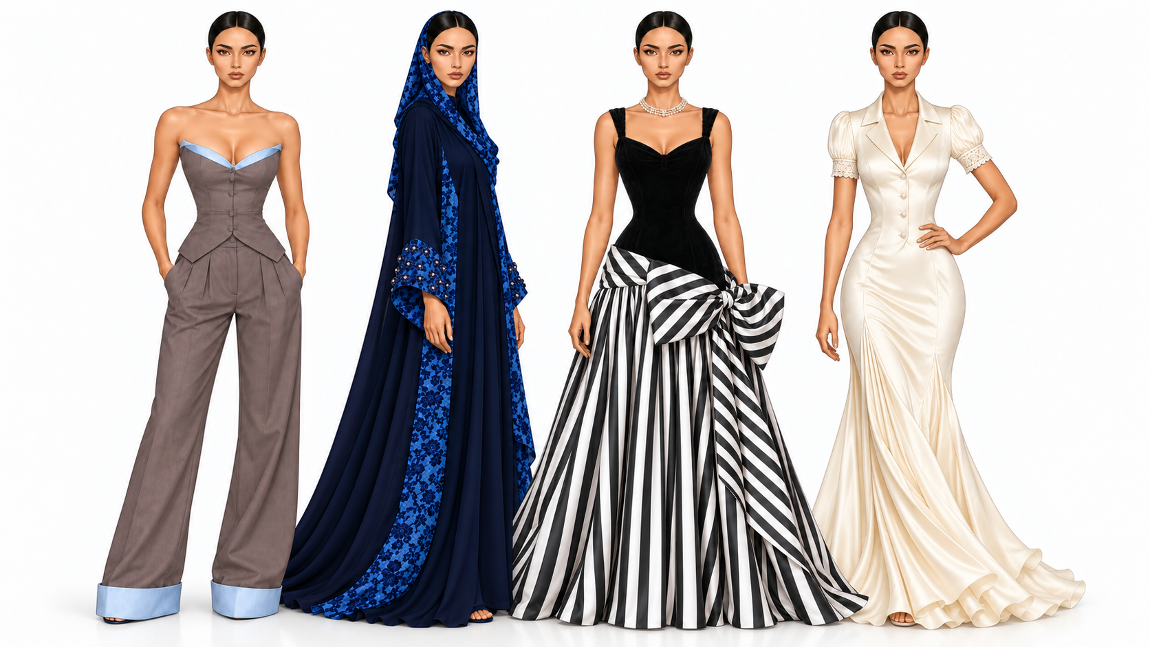 Four Libra fashion illustrations: a grey tailored trouser look, a blue lace abaya, a black-and-white striped statement gown and an ivory satin gown